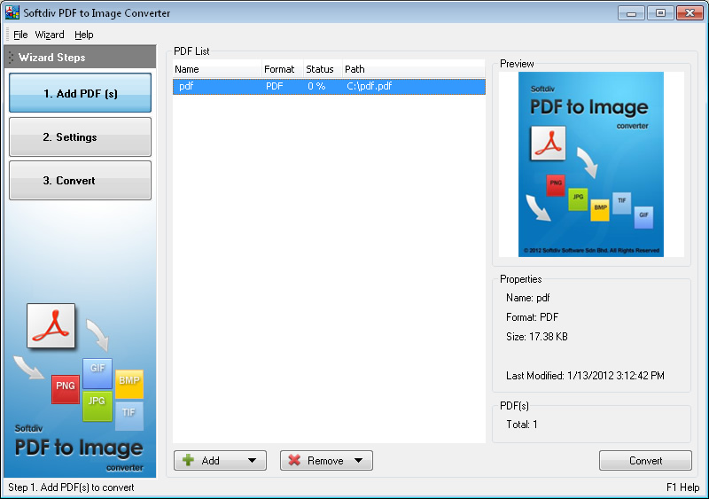Softdiv PDF to Image Converter is designed to convert PDF files to image formats such as PNG, JPG, BMP, GIF, TGA, TIFF, ICO, and more. 