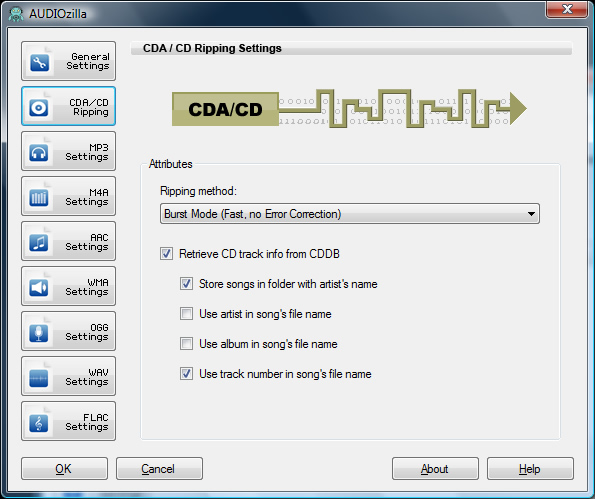 CD / CDA Ripping Settings