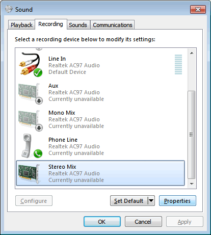 Stereo Mix Properties